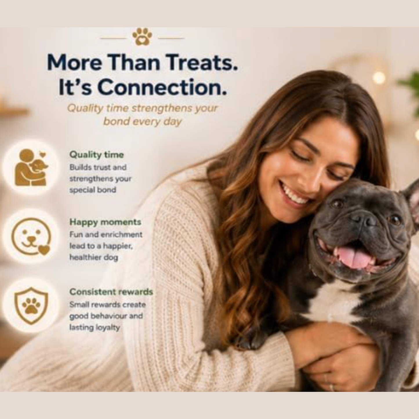Woman hugging a dog with text about quality time and connection with pets.