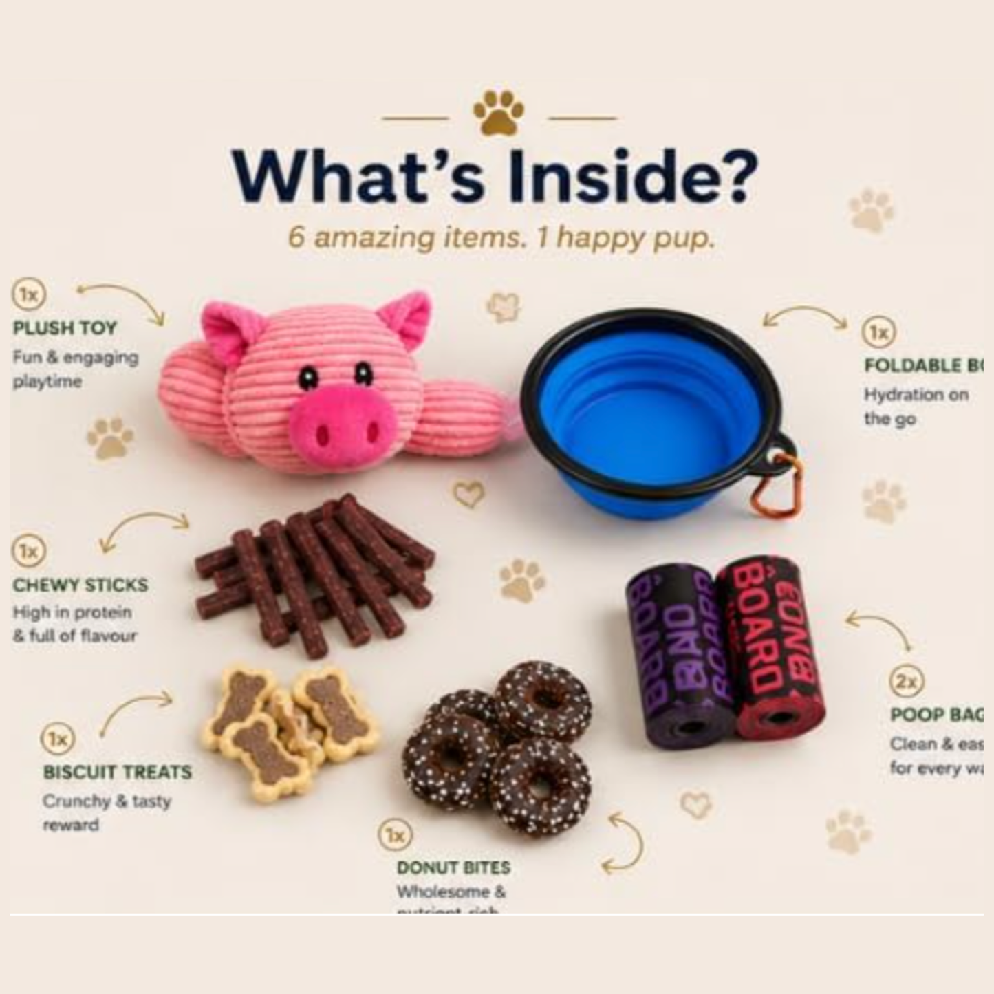 Dog product set with plush toy, bowl, chewy sticks, treats, and poop bags on a light background.