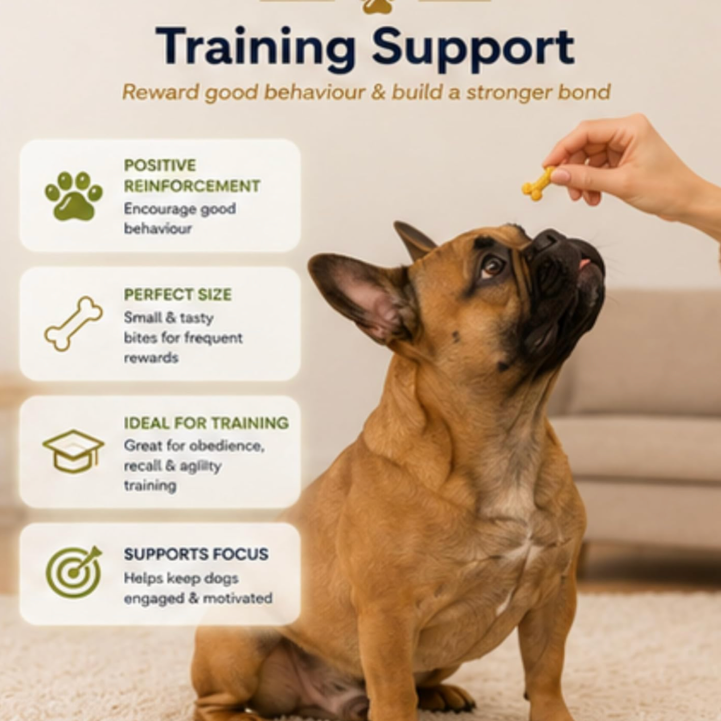 Dog being trained with treats, surrounded by text about training support.