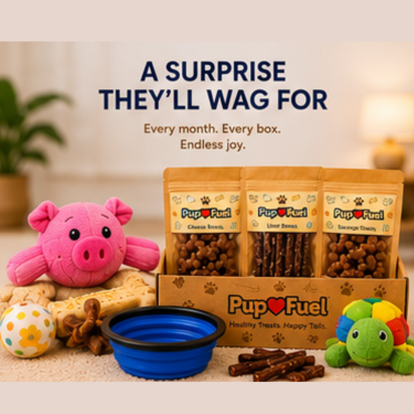 Pet products including a green plush toy, blue bowl, cookies, and a donut on a wooden board with text about product qualities.