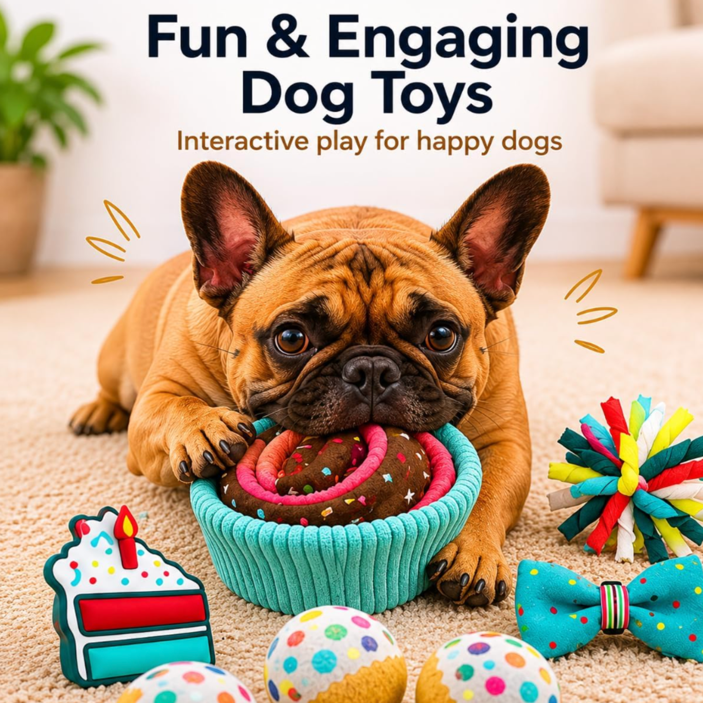 Dog playing with colorful toys on a carpeted floor