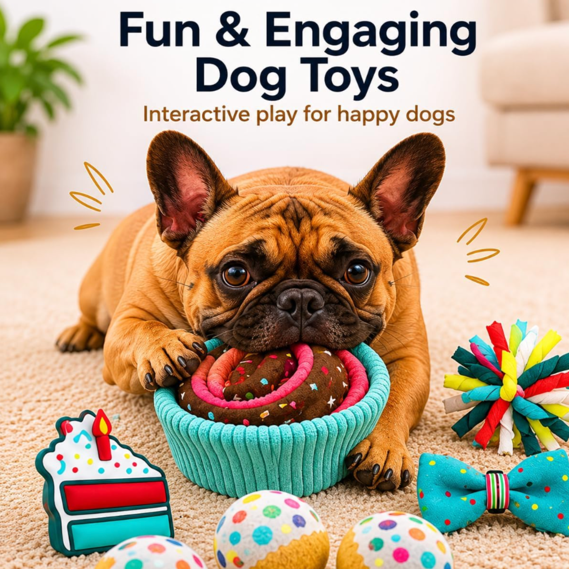 Dog playing with colorful toys on a carpeted floor