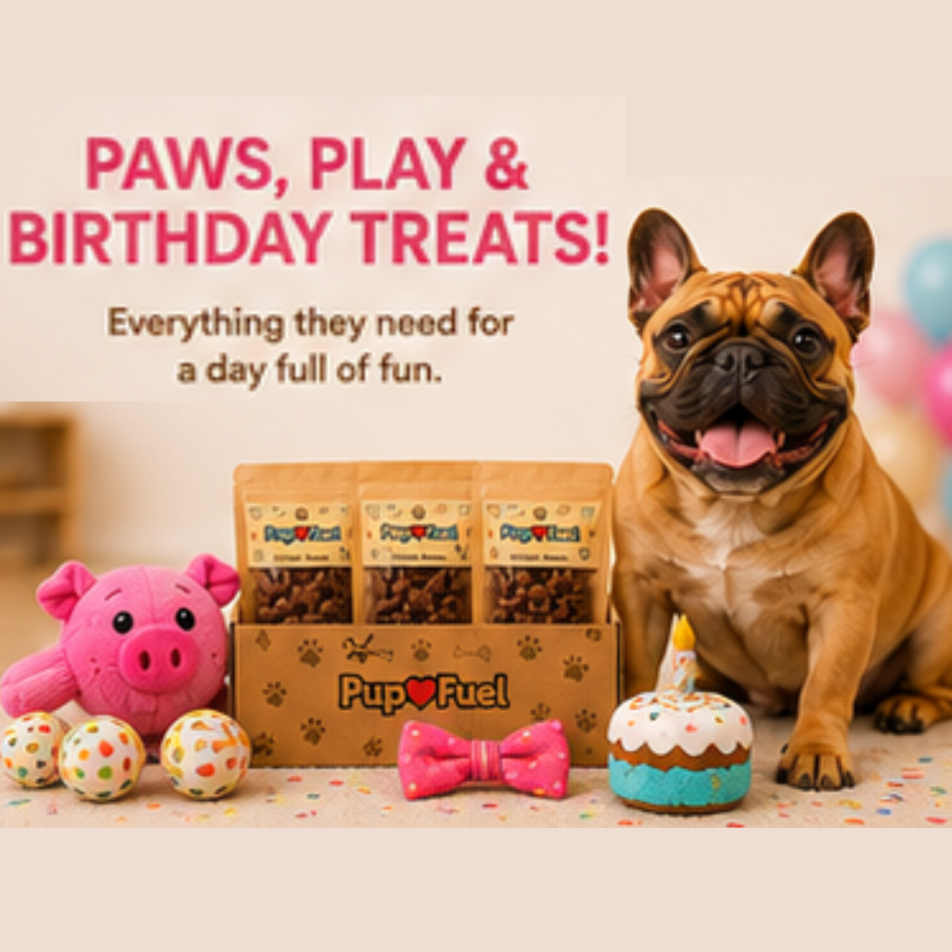 Dog with birthday-themed items and 'PupFuel' products on a table.