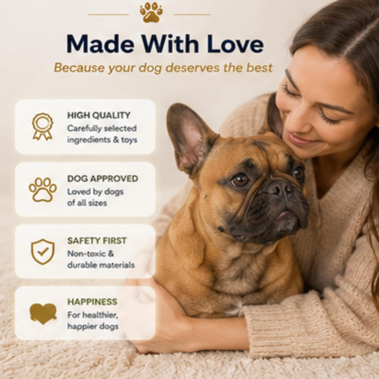 Woman holding a dog with product features listed above on a beige background