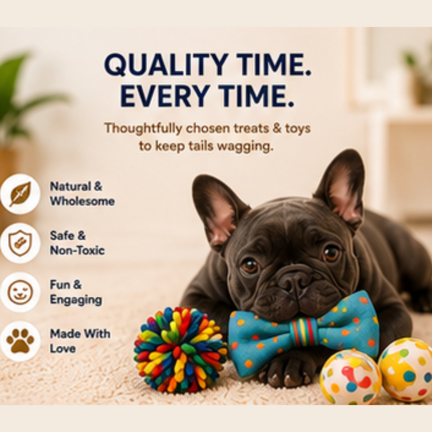 Dog lying on a carpet with toys and text about quality time and pet products.