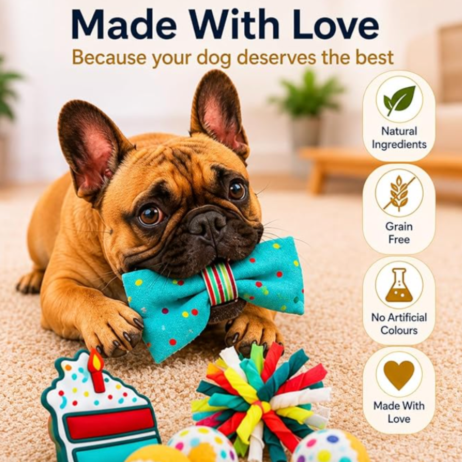 Dog playing with colorful toys on a carpeted floor, with text about product qualities.