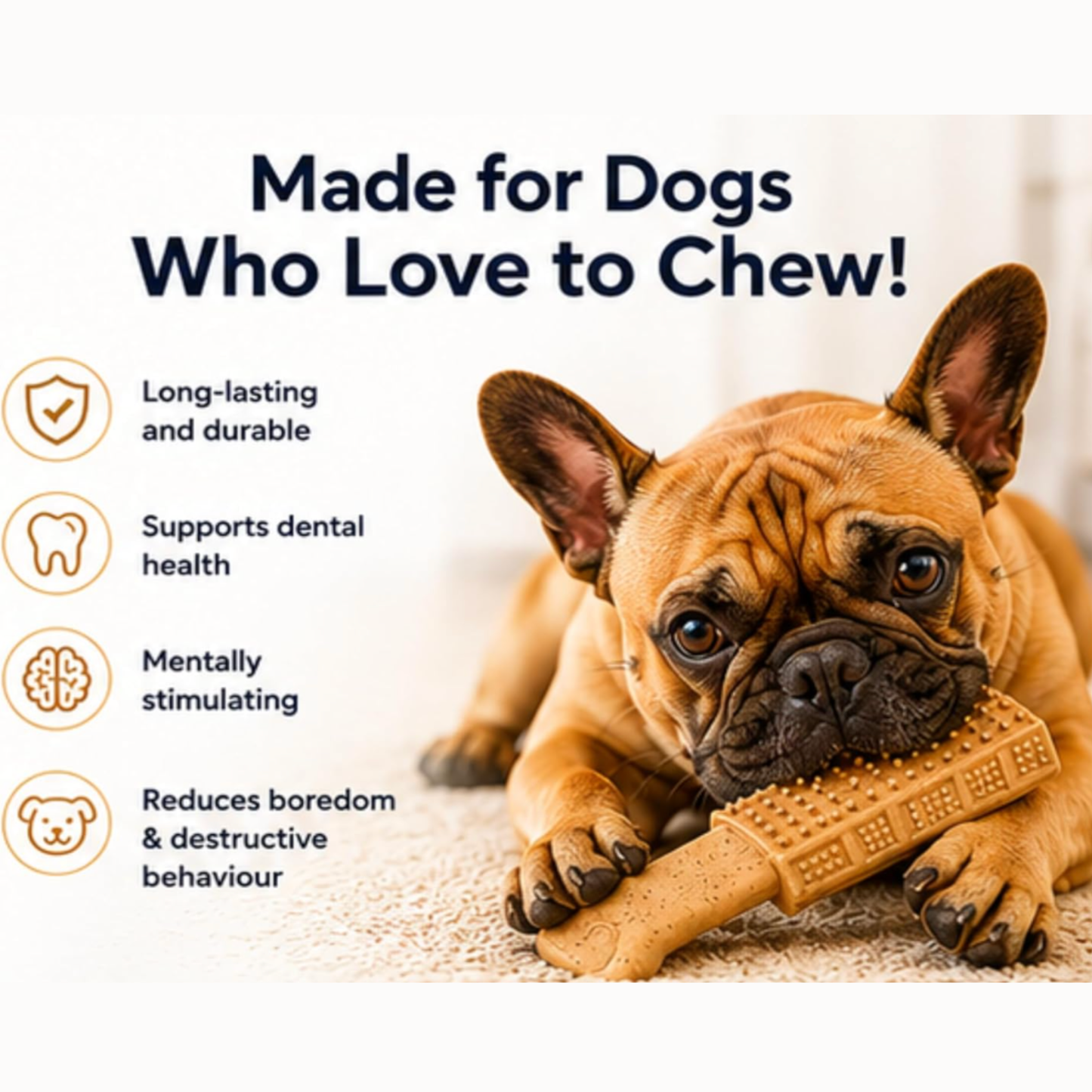 Dog chewing on a bone-shaped toy with text highlighting benefits, against a neutral background.