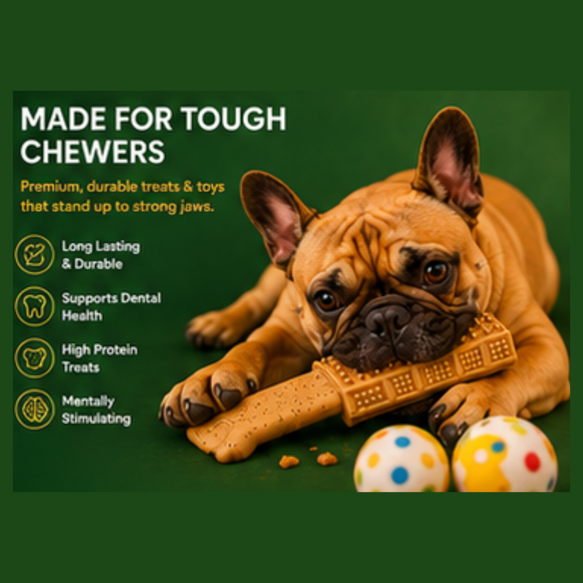 Dog chewing on a treat with text about durable treats and toys for tough chewers.