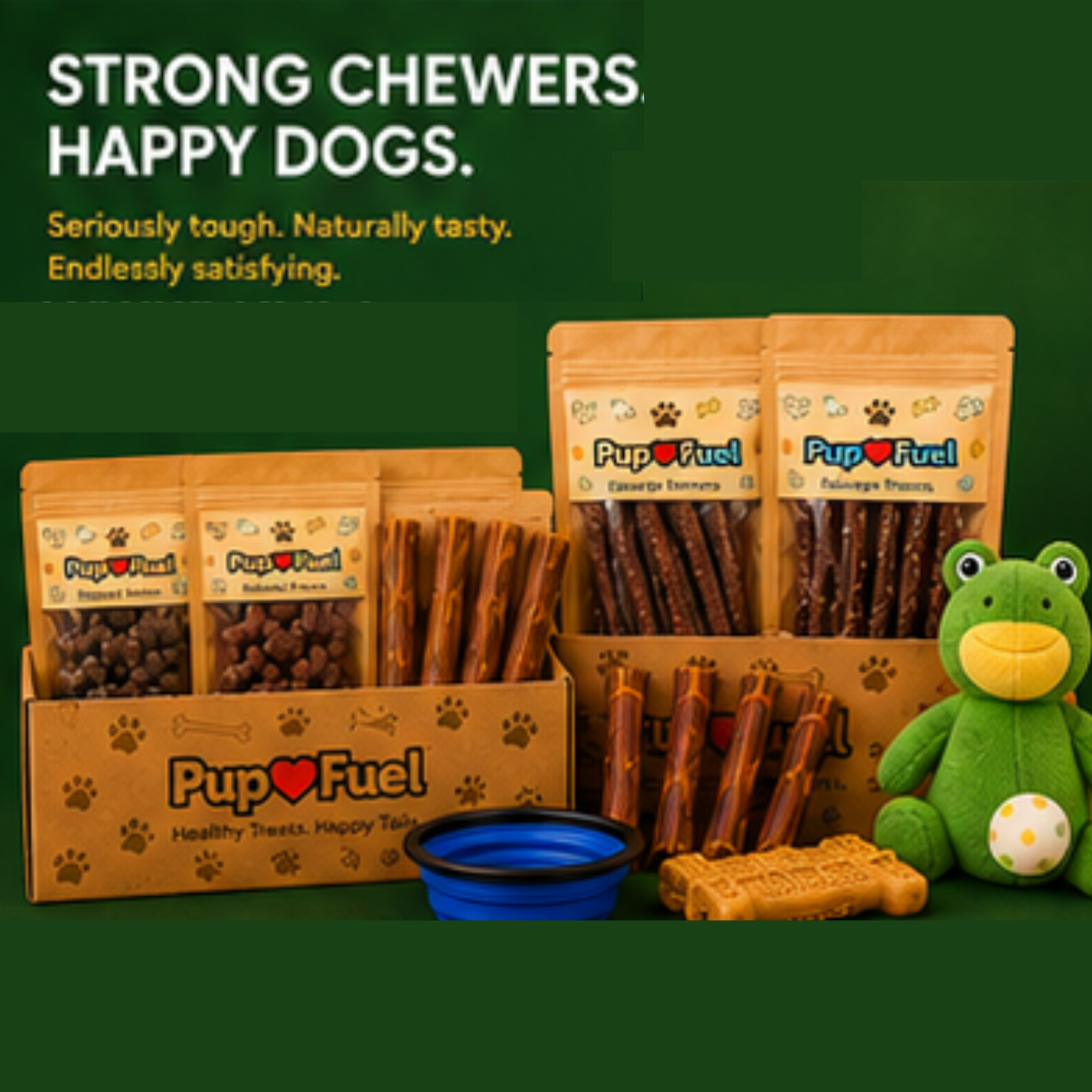 Pup Fuel dog treats packaging with a green background and promotional text.