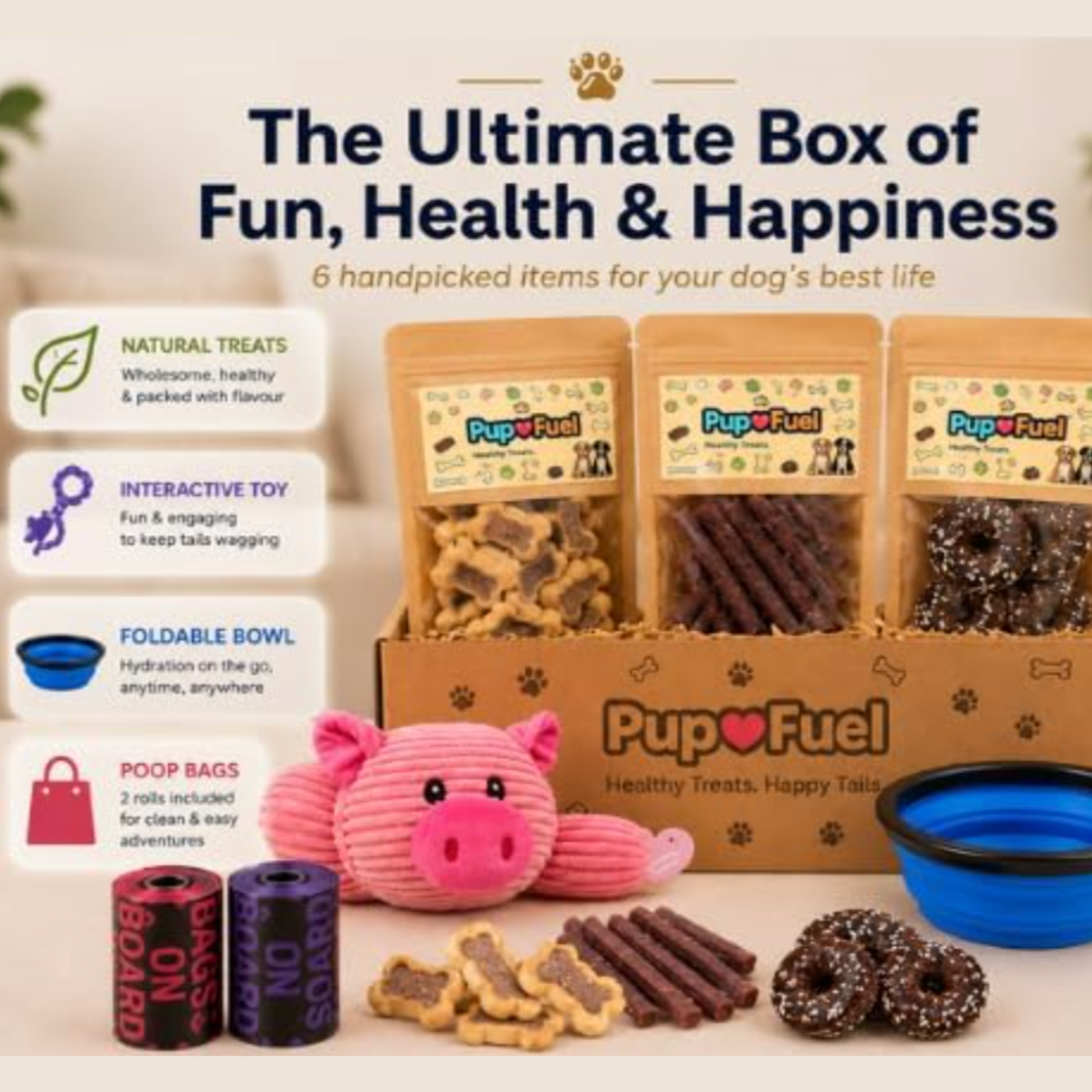 Dog sitting next to a PupFuel box with treats and toys, promotional text about monthly adventures.