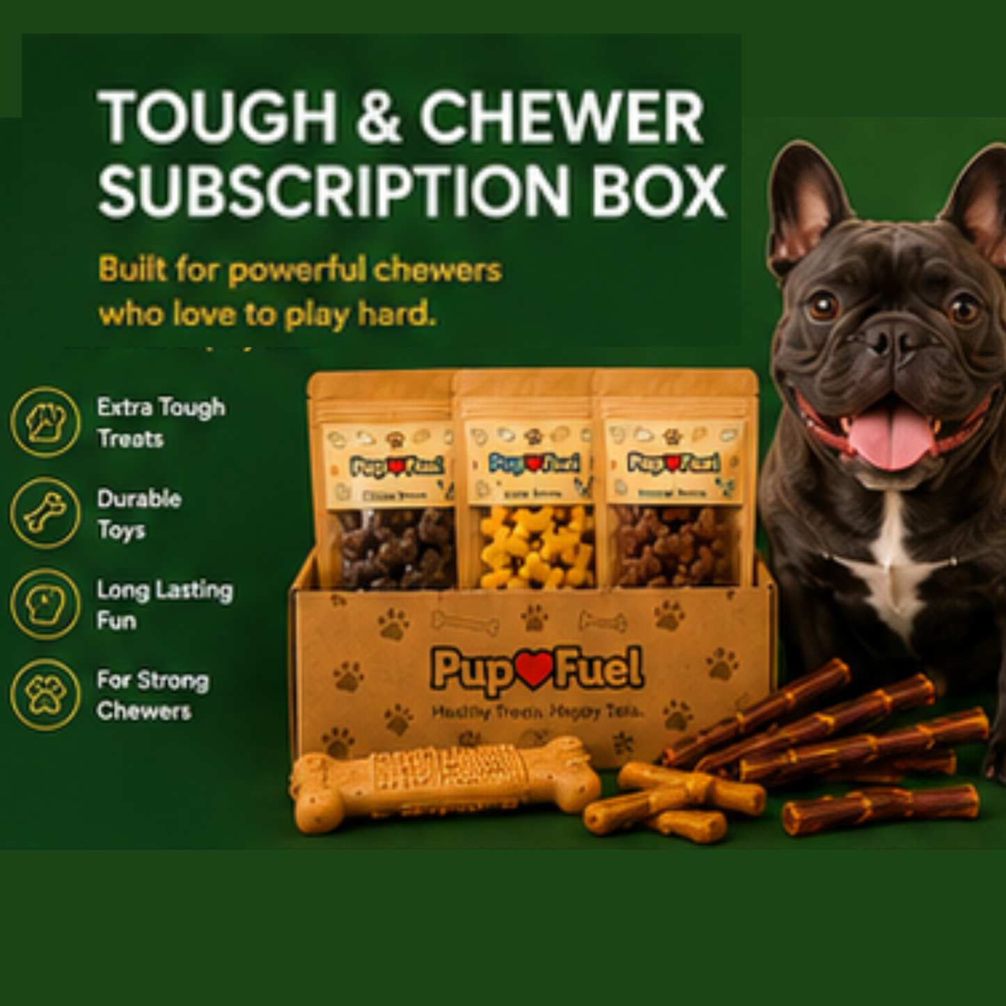PupFuel Tough & Chewer Subscription Box with a dog and treats on a green background