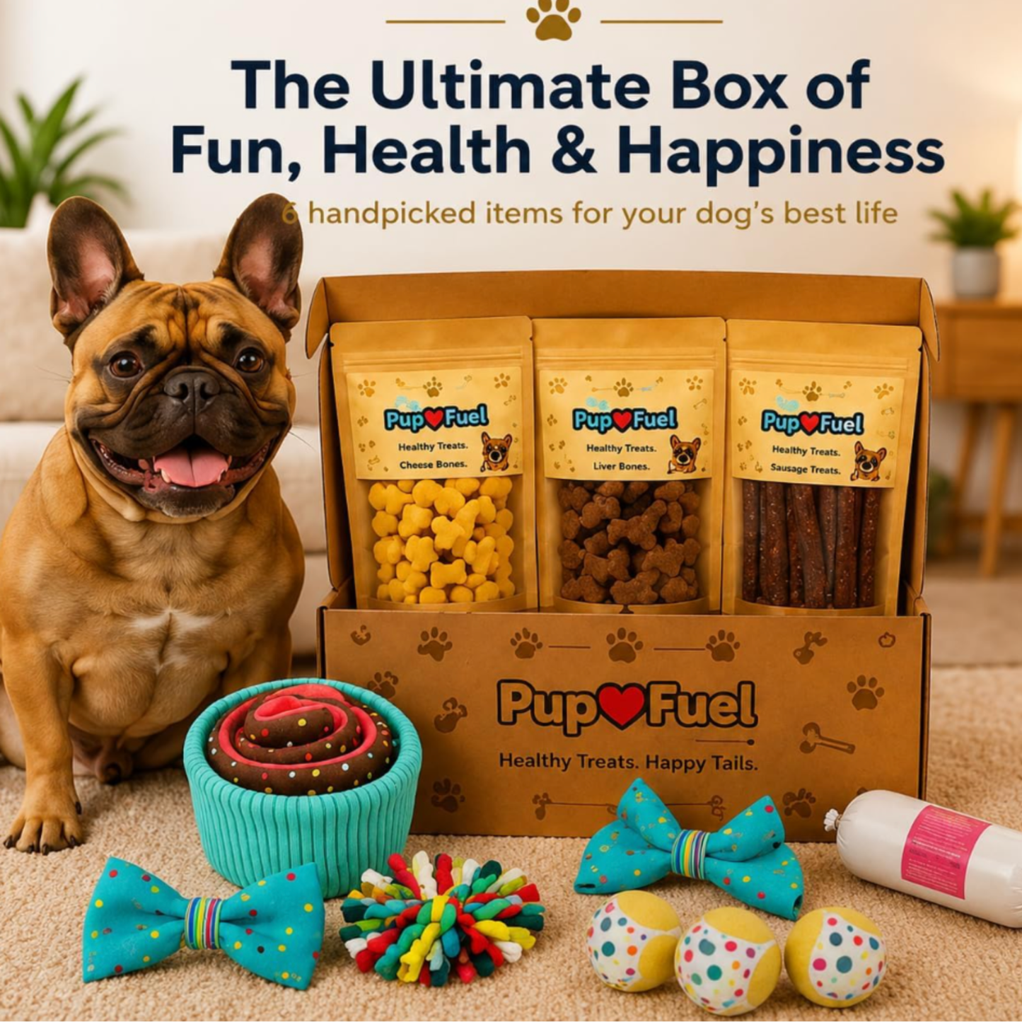 PupFuel dog treat box with a dog and various treats and toys on a carpeted floor.