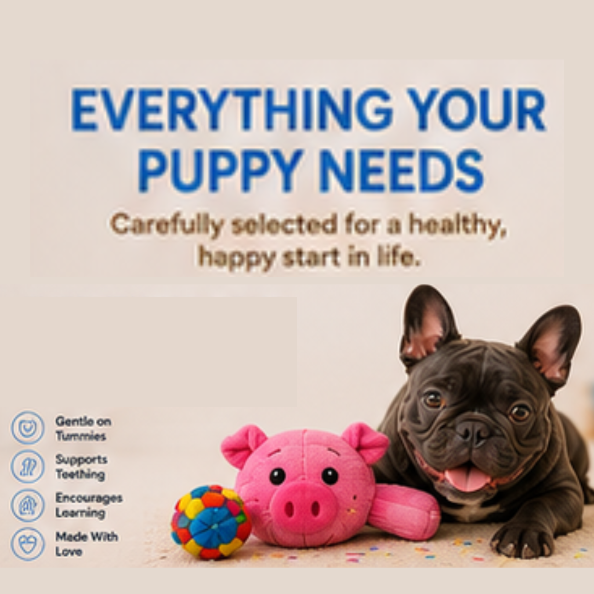 Puppy with a pink pig-shaped toy and colorful ball on a light background