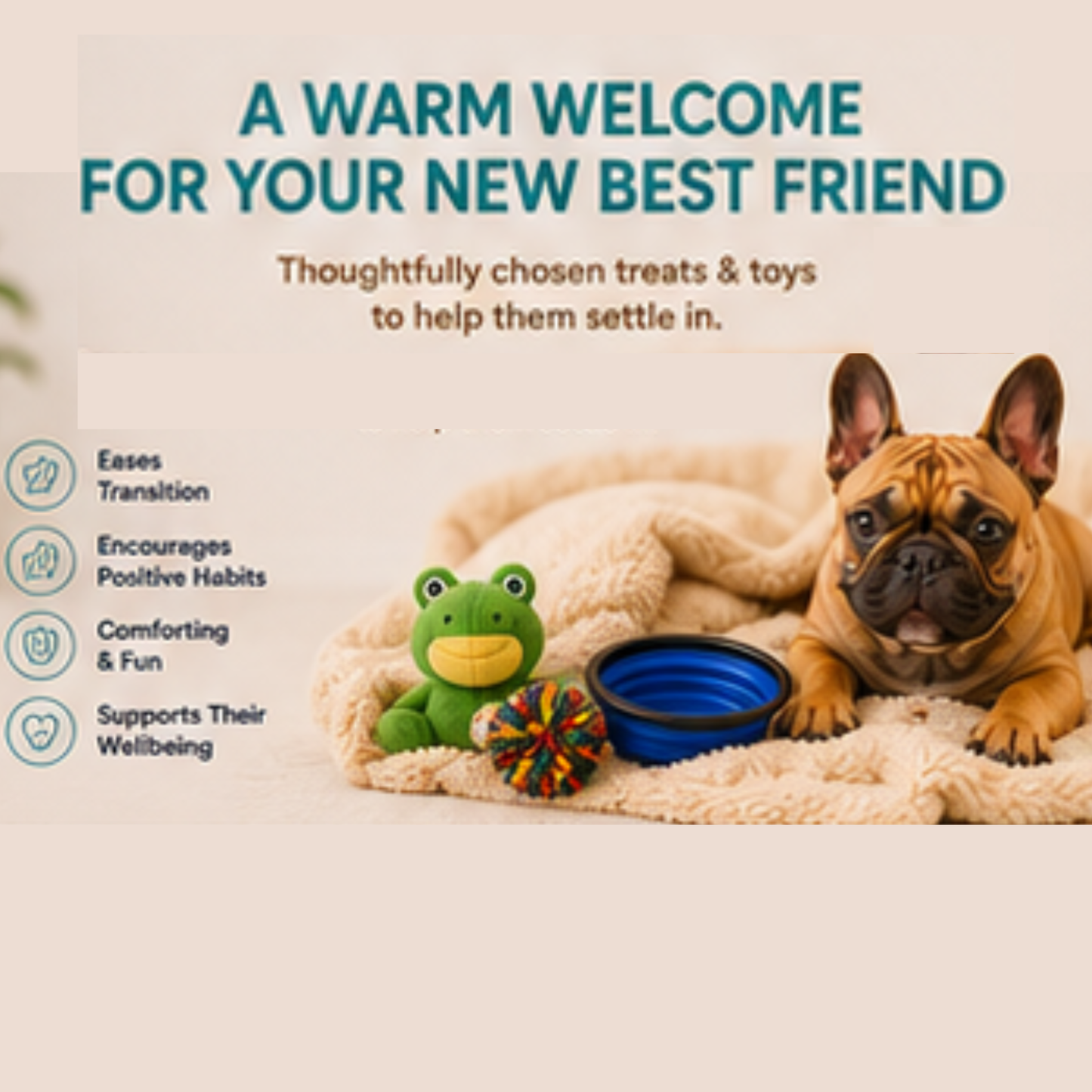 Dog lying on a blanket with toys and a message about welcoming a new pet.