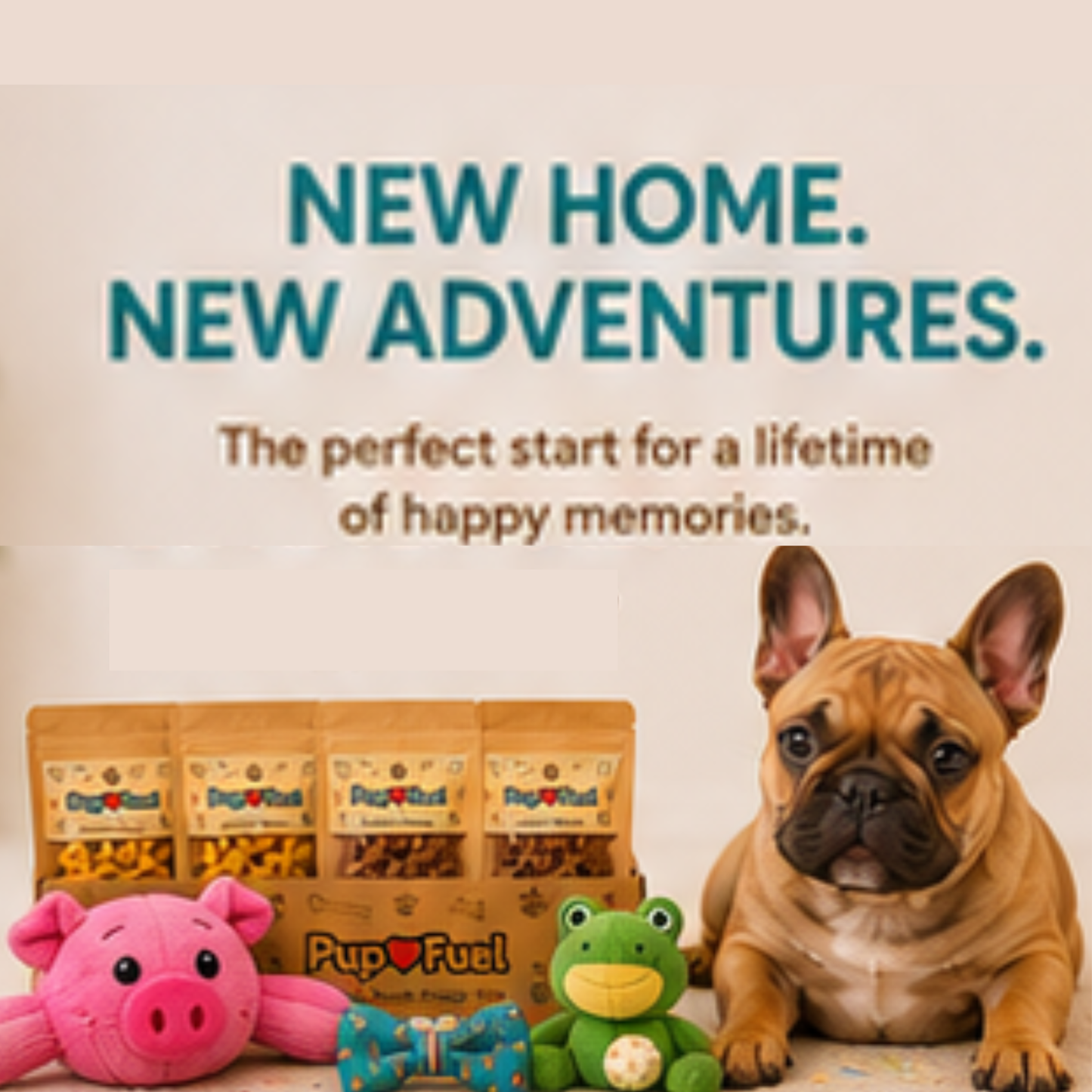 Puppy box with dog toys and treats, featuring a puppy and a pig toy.